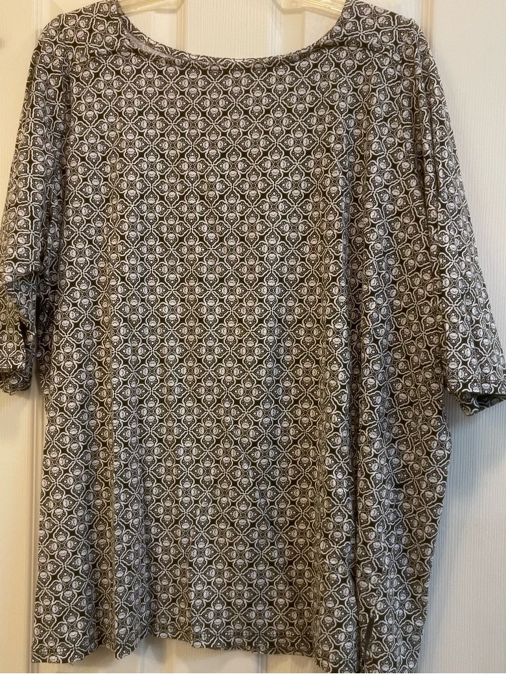 Roaman's Black and White Geometric Boatneck Top.  (106)